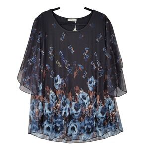 Sese Code Black Floral Mesh Overlay Blouse Women's 3XL Semi Sheer Sleeves Fairy